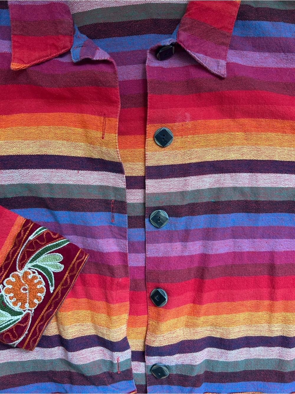 TanTrums XL Rainbow Stripe Embroidered Cotton Button Down Boho Shirt - Picture 4 of 8
